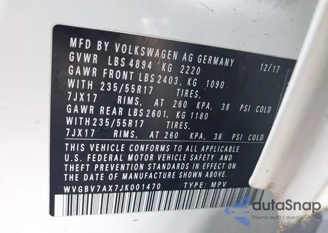 2018 Volkswagen Tiguan Limited 2.0T z USA, uszkodzony, nr VIN WVGBV7AX7JK001470